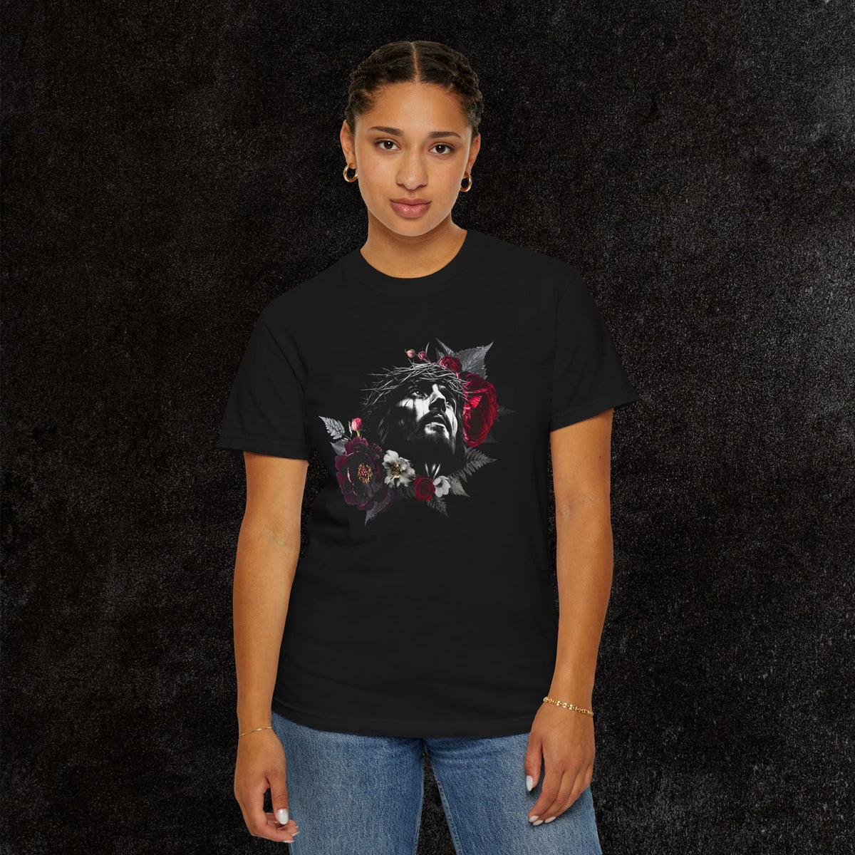 Crowned in Thorns Jesus Comfort Colors Graphic Tee | Dark Floral