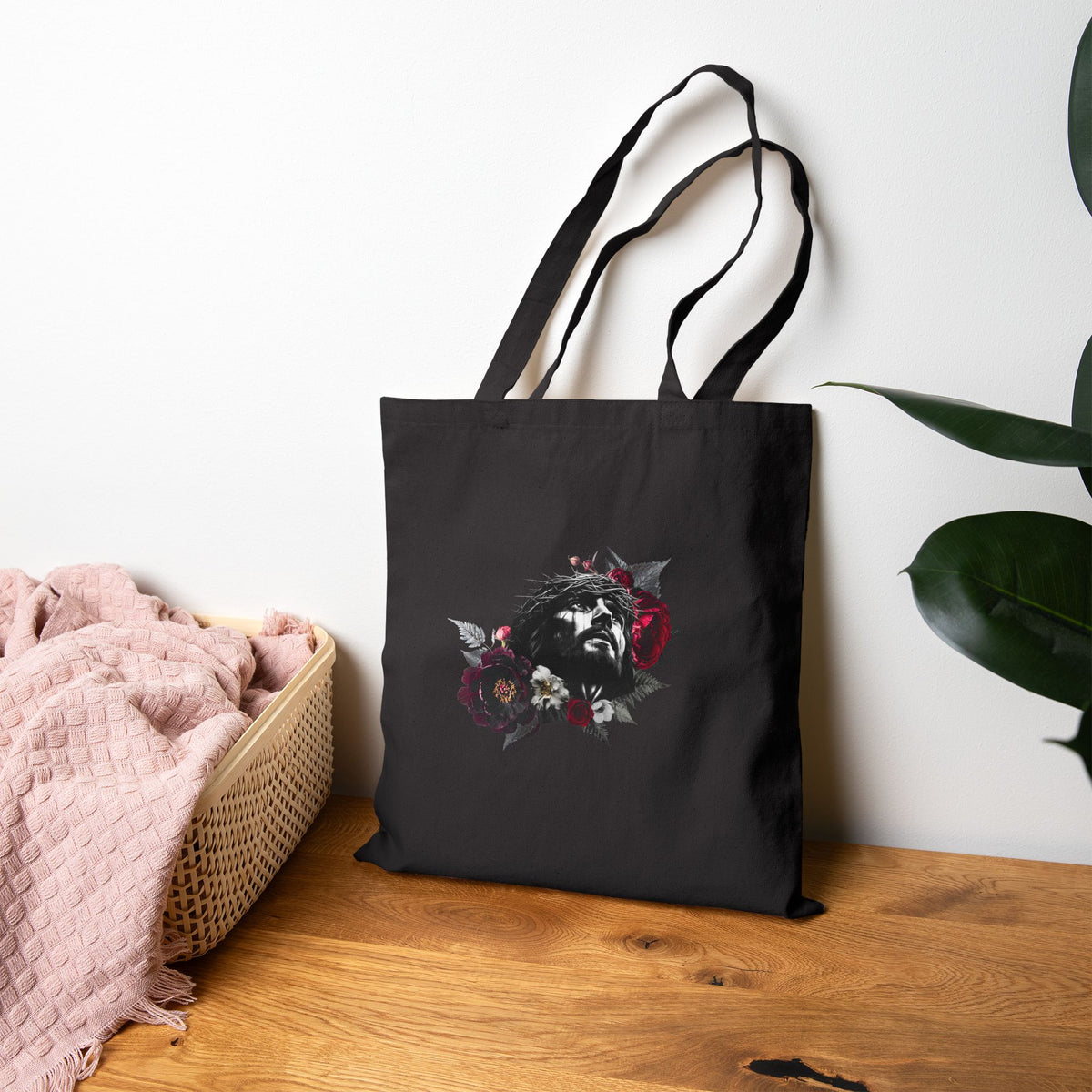 Jesus Crown of Thorns Floral Tote | Cotton Canvas Tote Bag