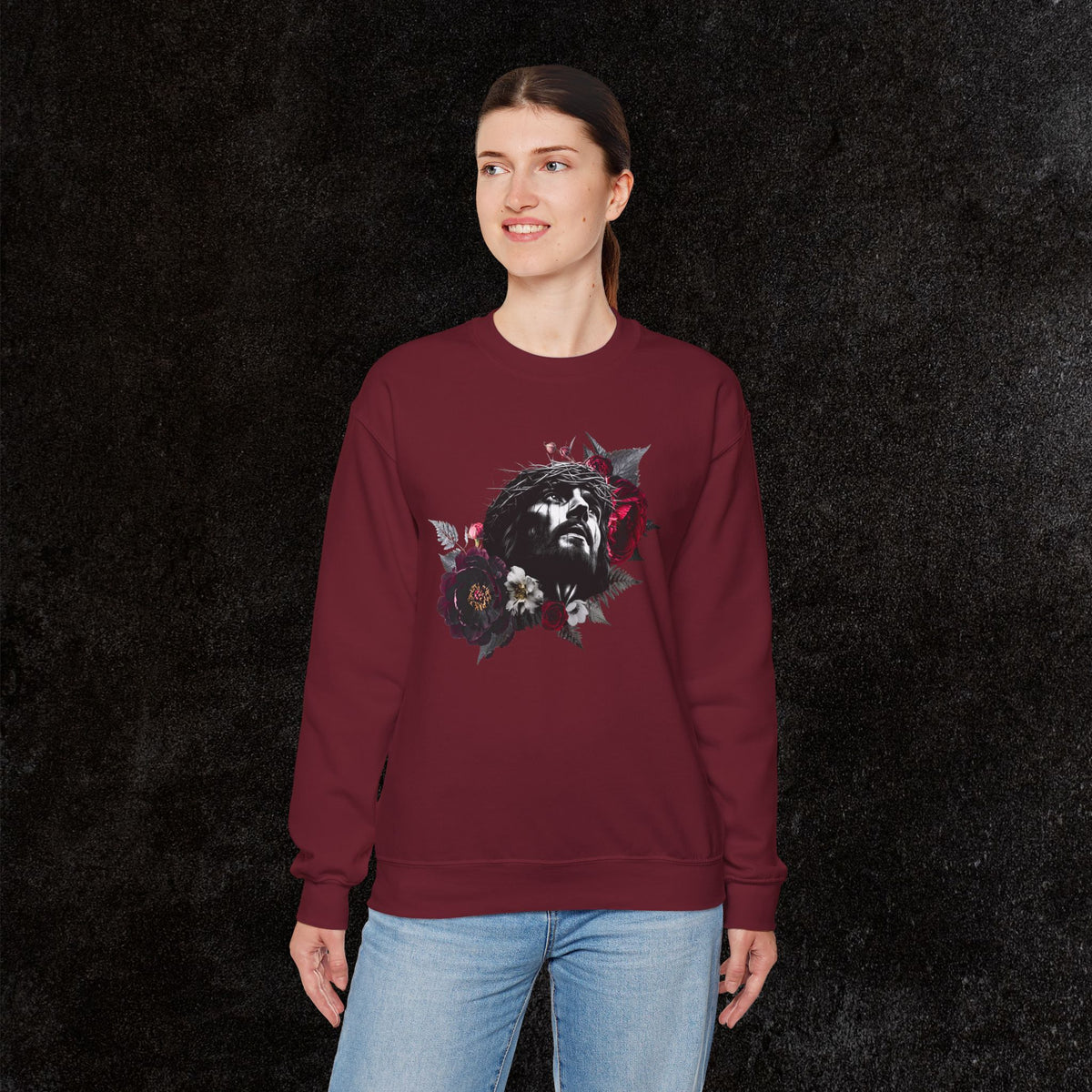 Crowned in Thorns Jesus Crewneck Sweatshirt | Dark Floral Christian Sweatshirt