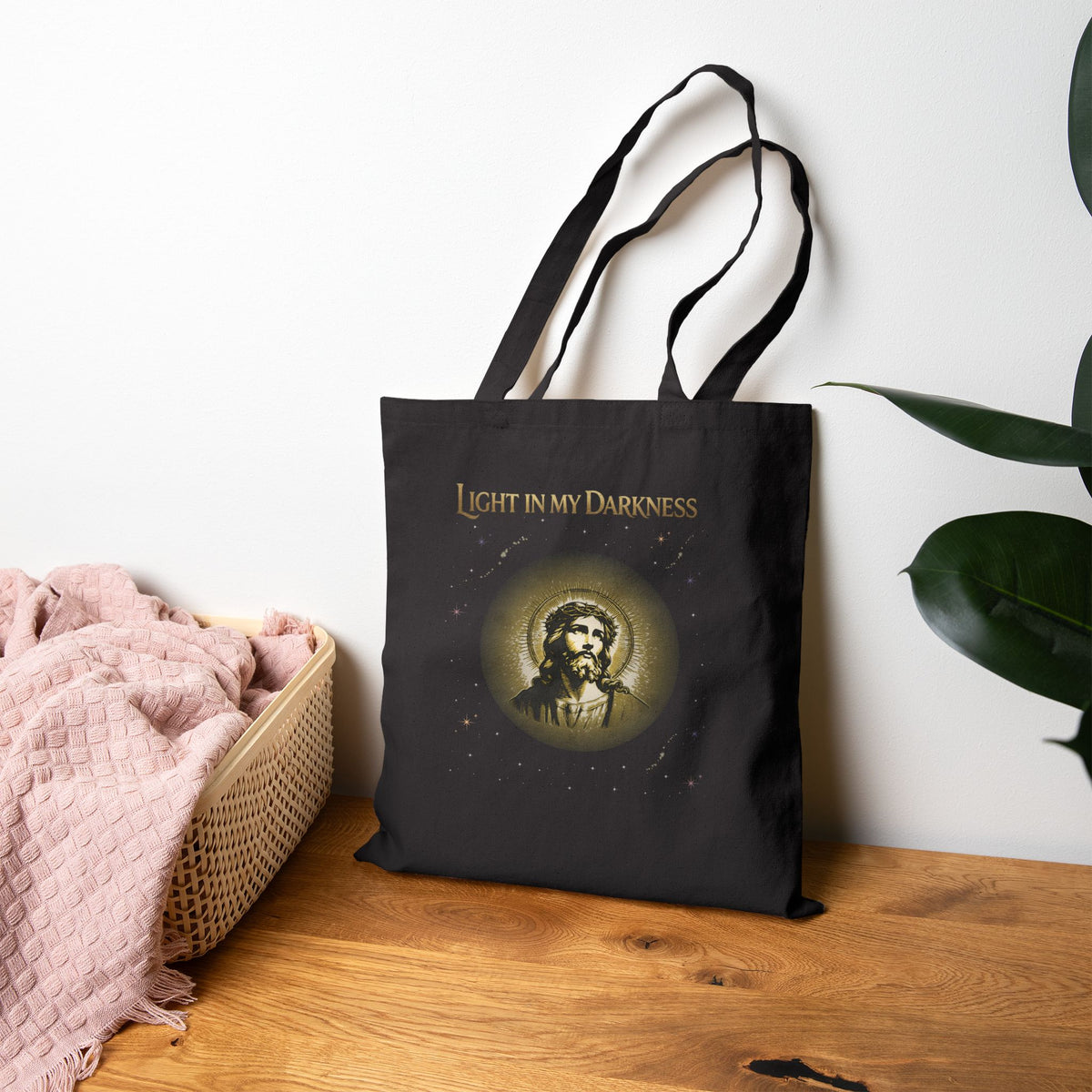 Light in My Darkness Jesus Illustration Tote Bag | Religious Christian Design