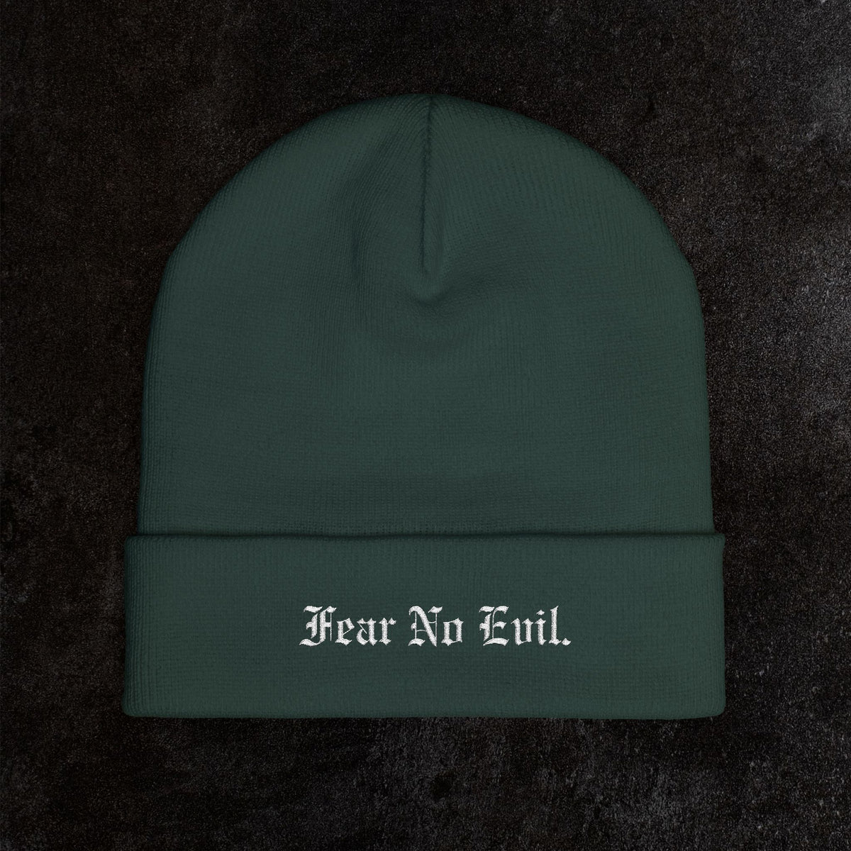 Knit Beanie — "Fear No Evil" Embroidered Cuff Beanie