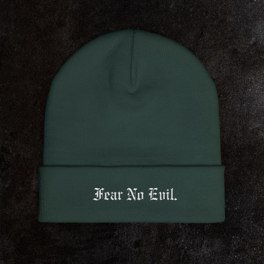 Knit Beanie — "Fear No Evil" Embroidered Cuff Beanie