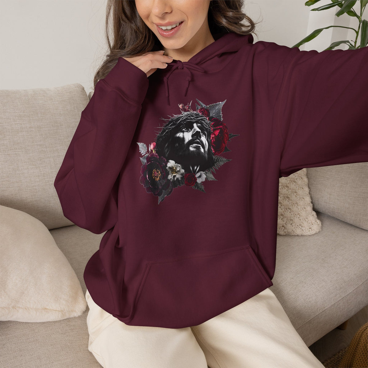 Crowned in Thorns Jesus Hoodie | Dark Floral Christian Sweatshirt