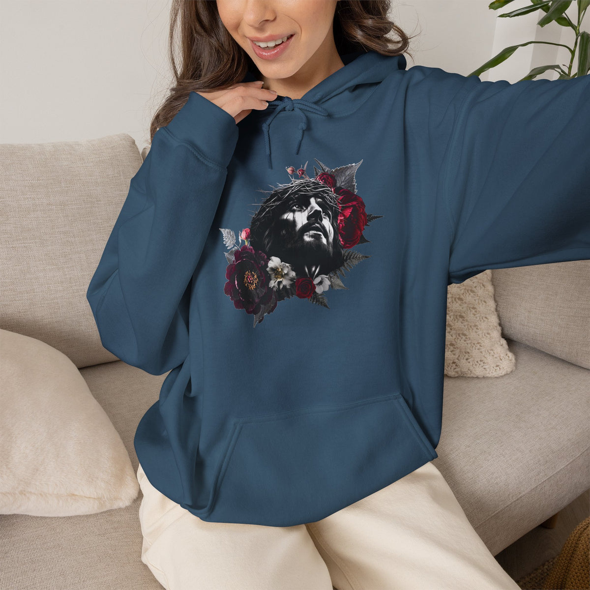 Crowned in Thorns Jesus Hoodie | Dark Floral Christian Sweatshirt