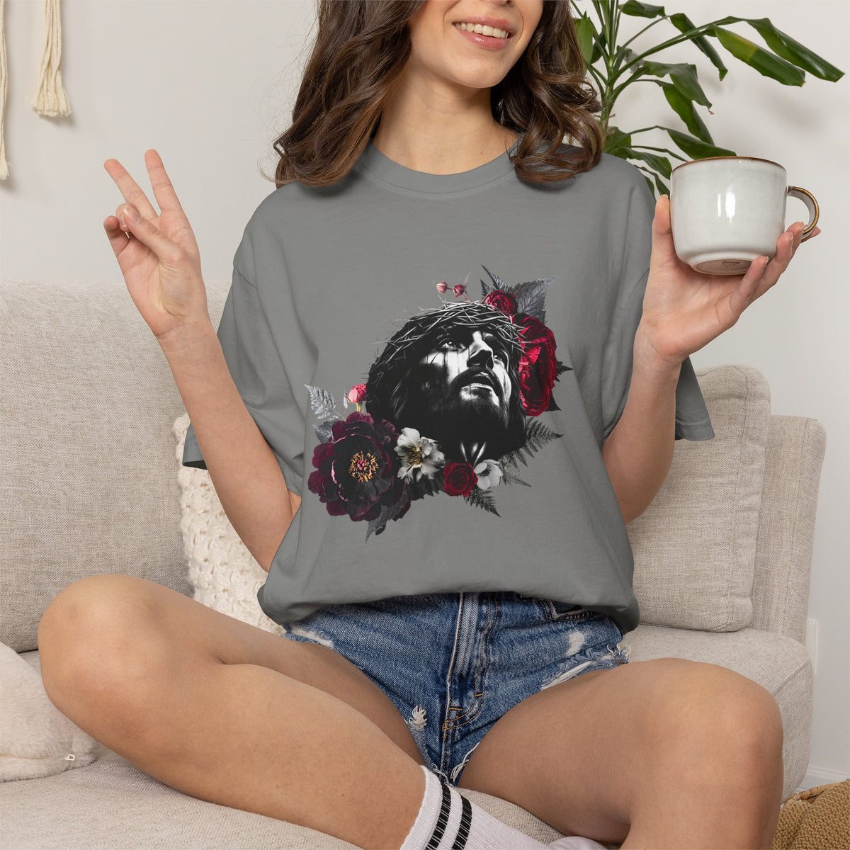 Crowned in Thorns Jesus Comfort Colors Graphic Tee | Dark Floral