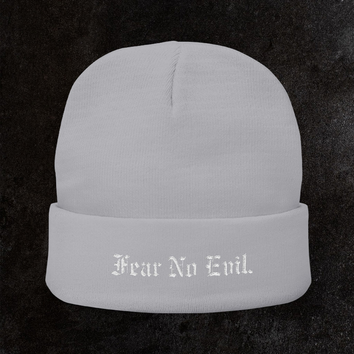 Knit Beanie — "Fear No Evil" Embroidered Cuff Beanie