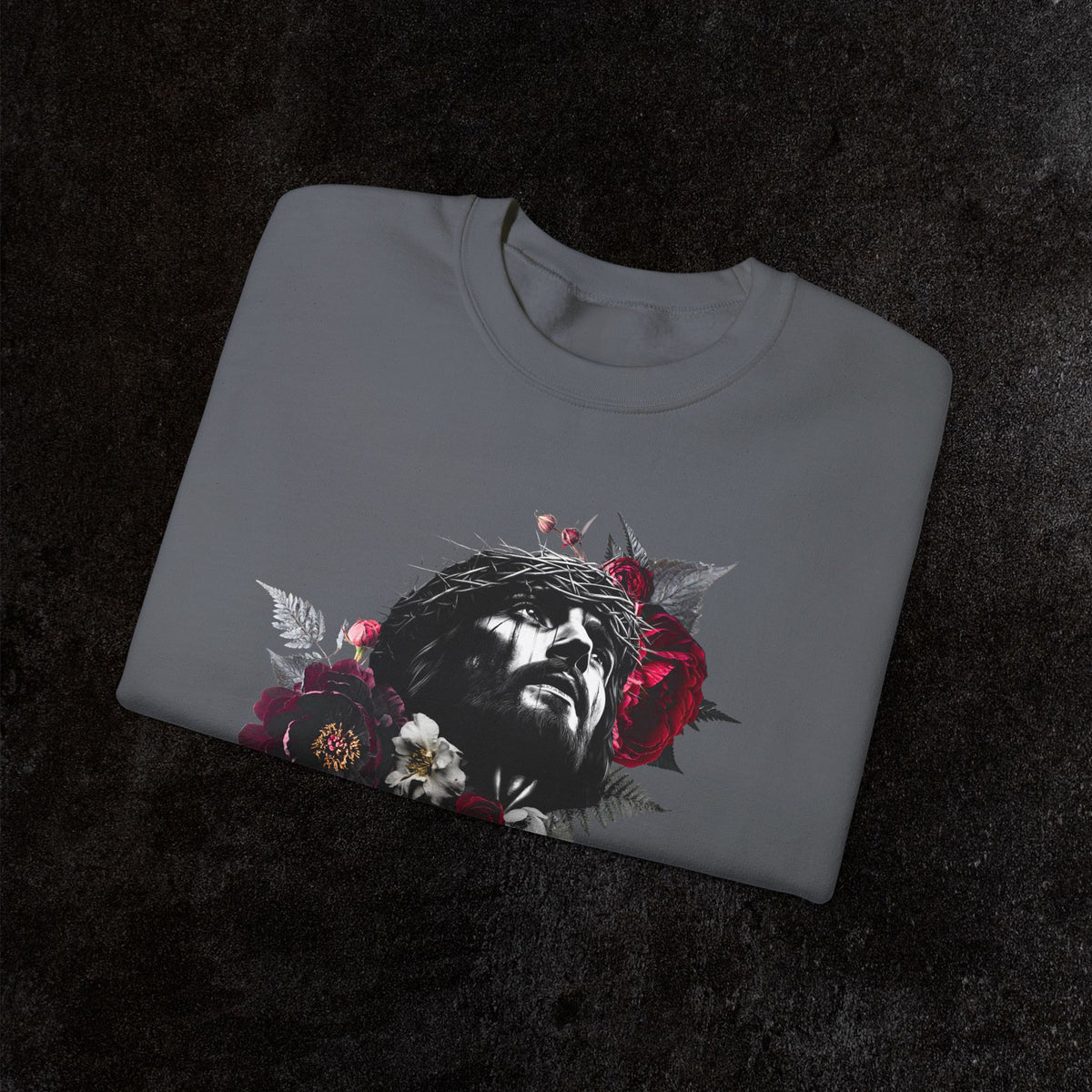 Crowned in Thorns Jesus Crewneck Sweatshirt | Dark Floral Christian Sweatshirt