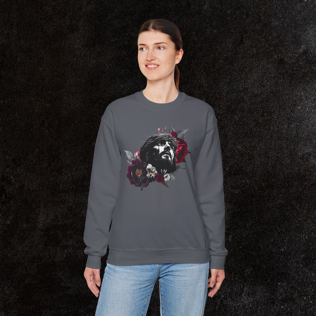 Crowned in Thorns Jesus Crewneck Sweatshirt | Dark Floral Christian Sweatshirt