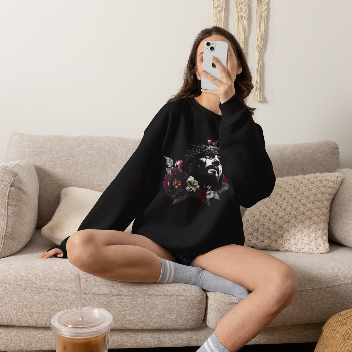 Crowned in Thorns Jesus Crewneck Sweatshirt | Dark Floral Christian Sweatshirt