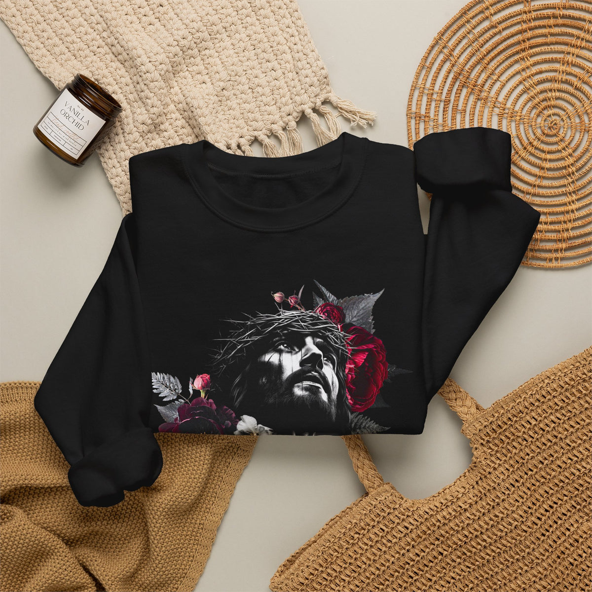Crowned in Thorns Jesus Crewneck Sweatshirt | Dark Floral Christian Sweatshirt