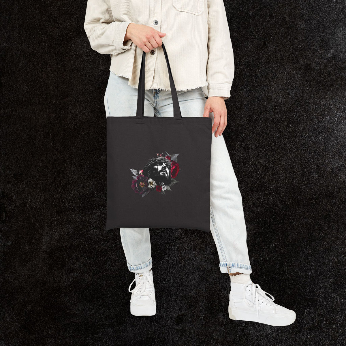 Jesus Crown of Thorns Floral Tote | Cotton Canvas Tote Bag