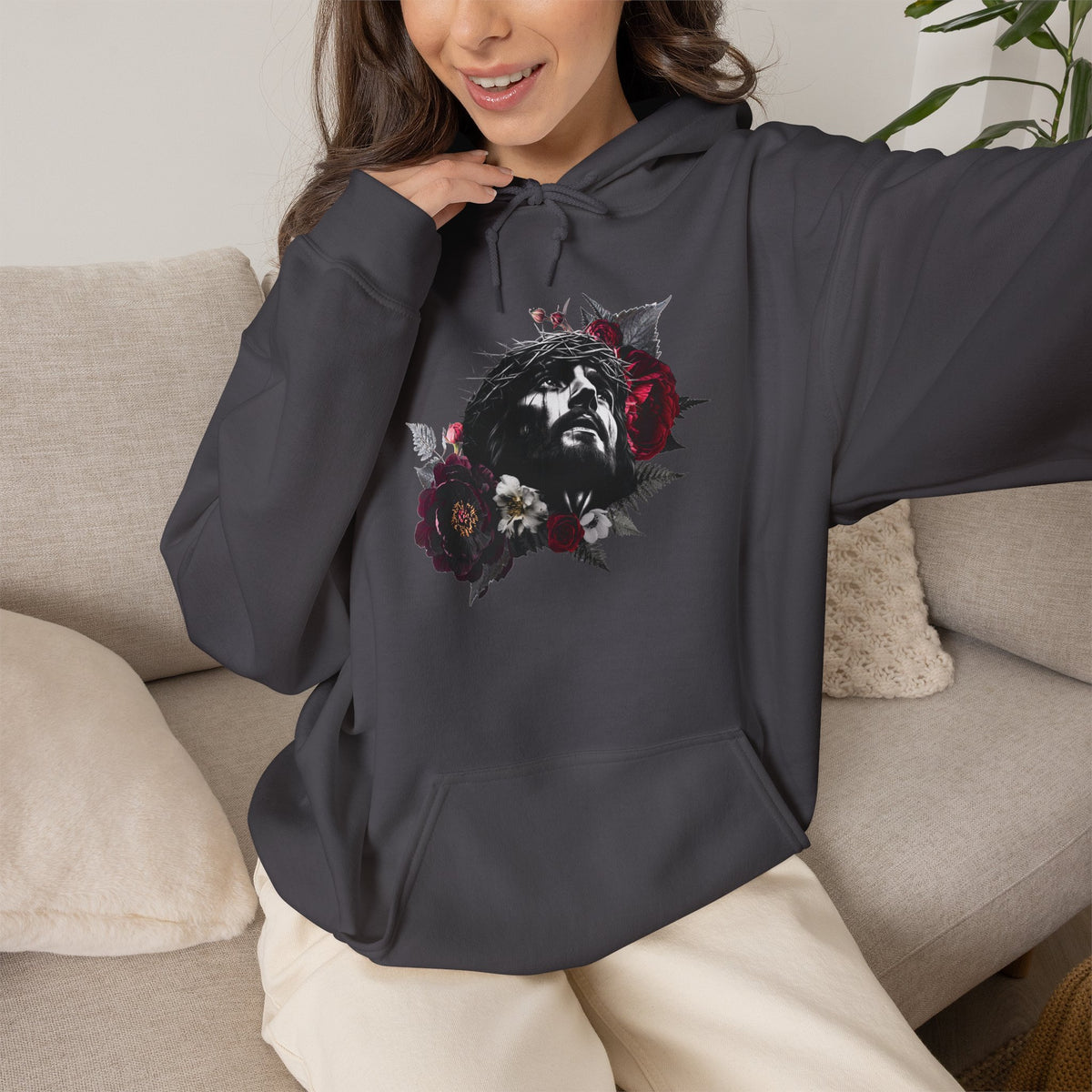 Crowned in Thorns Jesus Hoodie | Dark Floral Christian Sweatshirt
