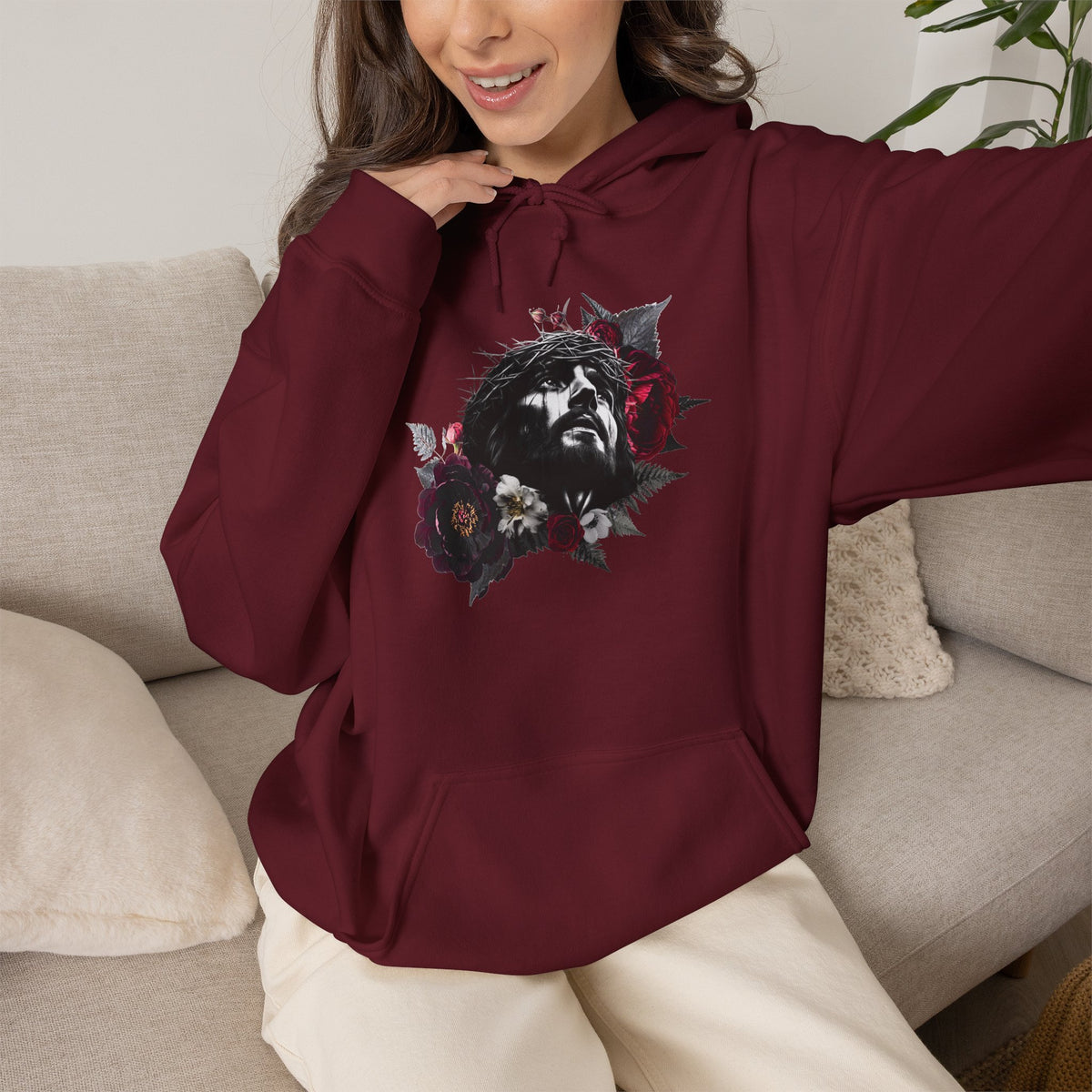Crowned in Thorns Jesus Hoodie | Dark Floral Christian Sweatshirt