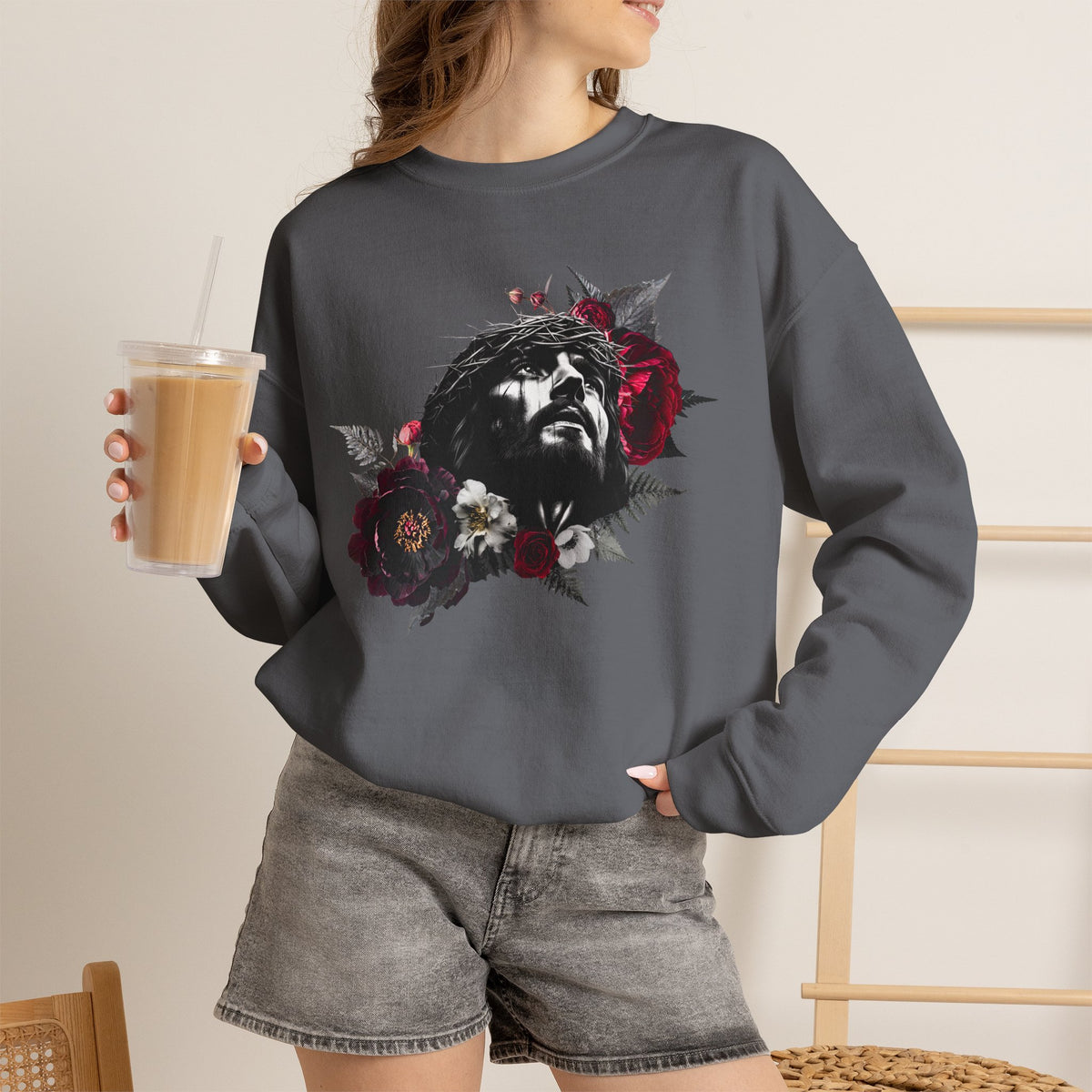 Crowned in Thorns Jesus Crewneck Sweatshirt | Dark Floral Christian Sweatshirt