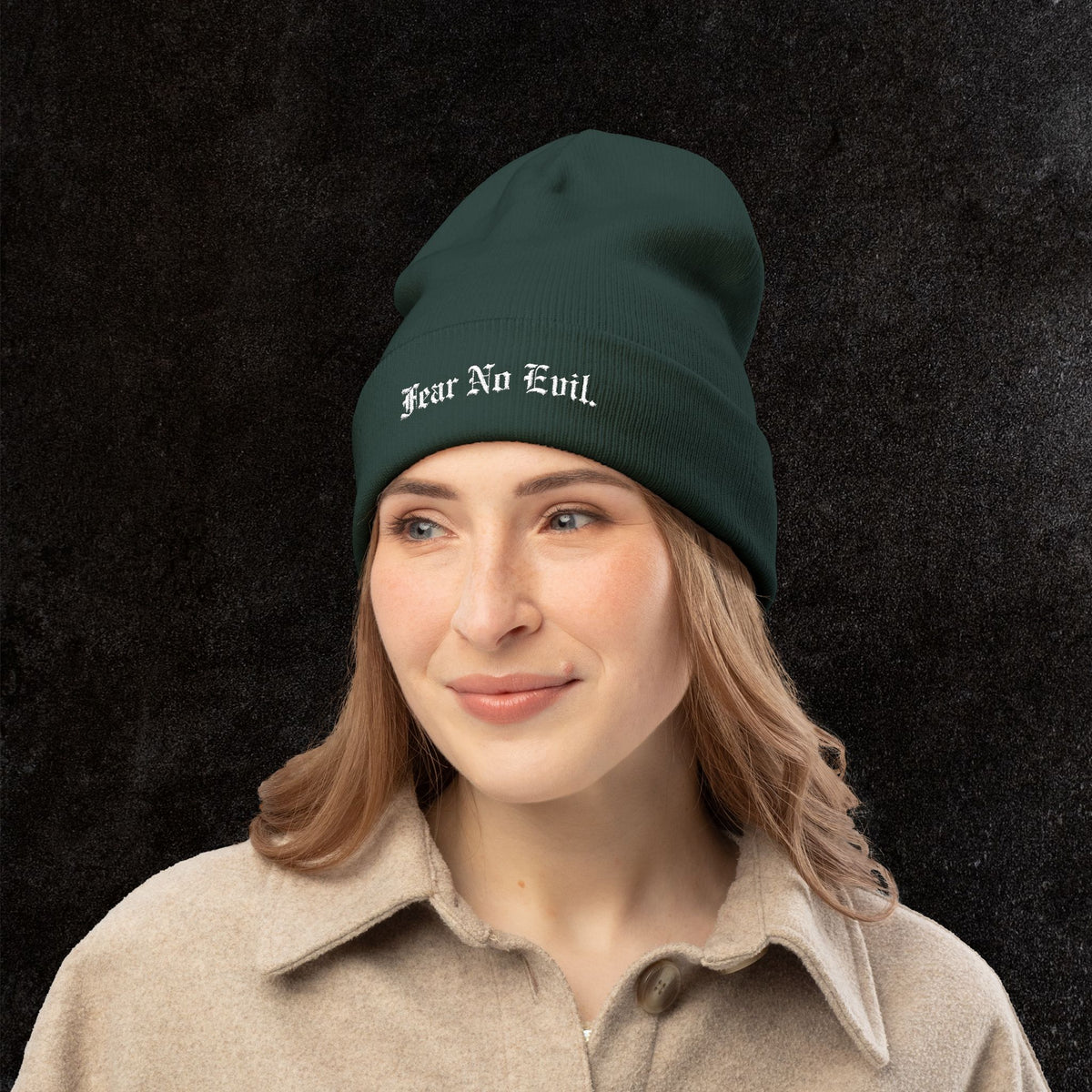Knit Beanie — "Fear No Evil" Embroidered Cuff Beanie