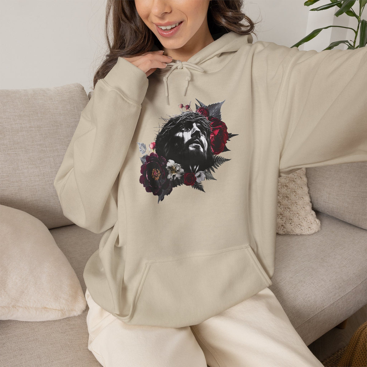Crowned in Thorns Jesus Hoodie | Dark Floral Christian Sweatshirt