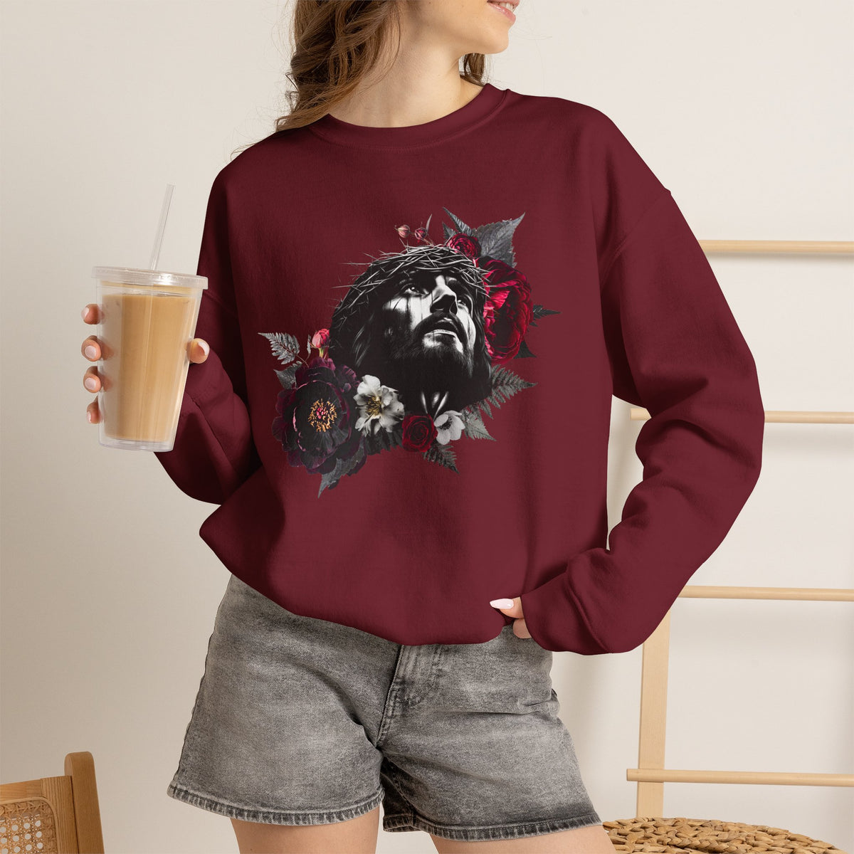 Crowned in Thorns Jesus Crewneck Sweatshirt | Dark Floral Christian Sweatshirt