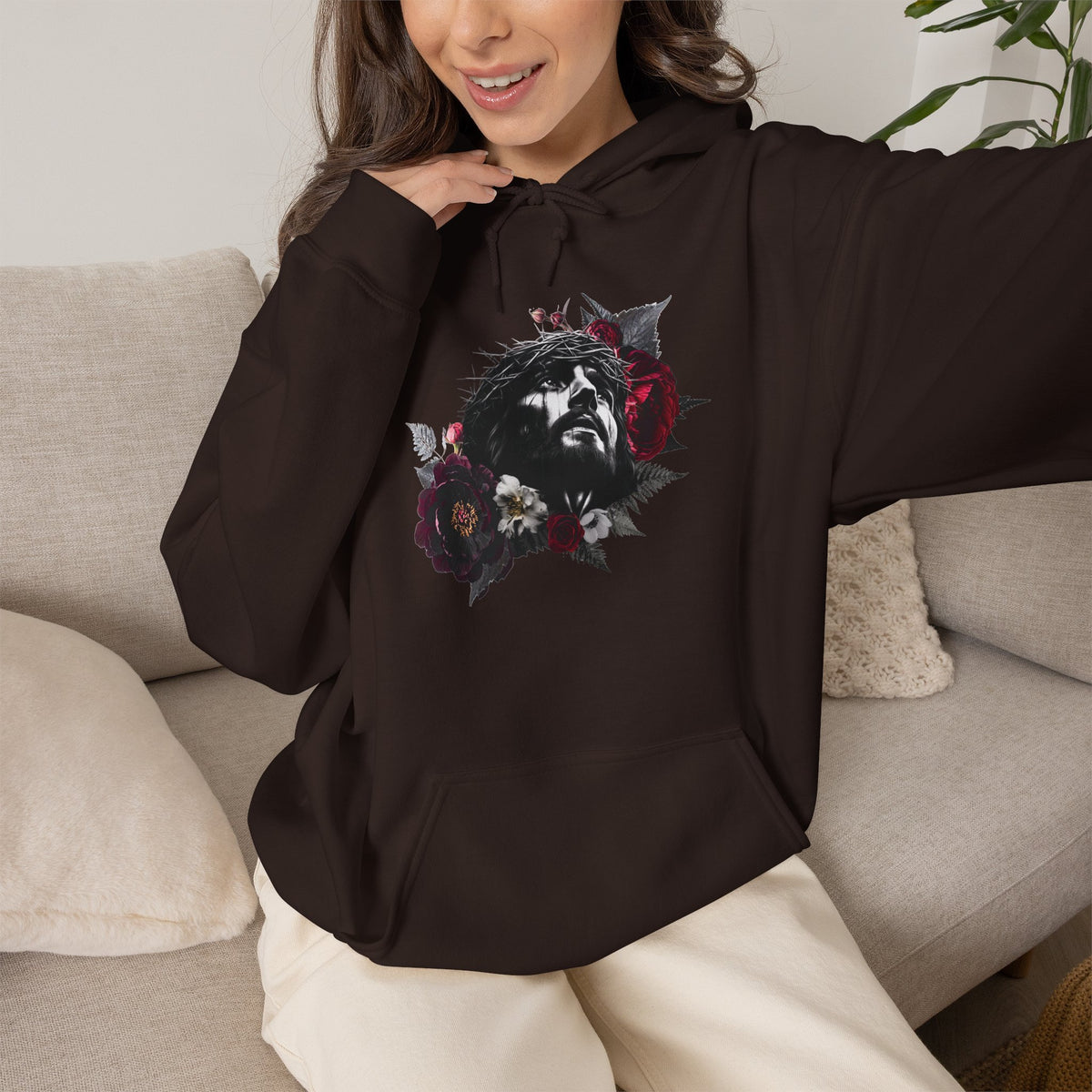 Crowned in Thorns Jesus Hoodie | Dark Floral Christian Sweatshirt