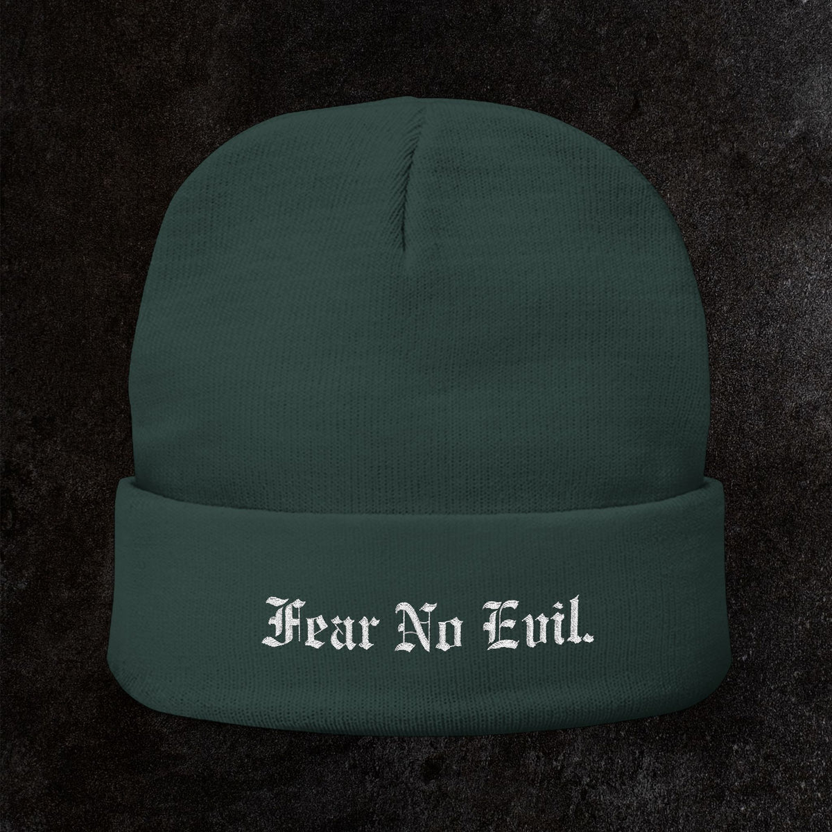 Knit Beanie — "Fear No Evil" Embroidered Cuff Beanie