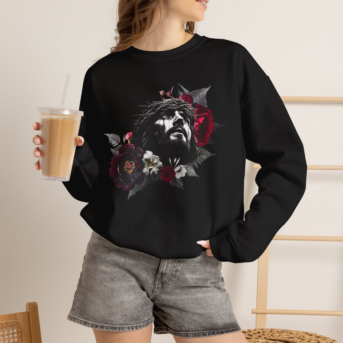 Crowned in Thorns Jesus Crewneck Sweatshirt | Dark Floral Christian Sweatshirt