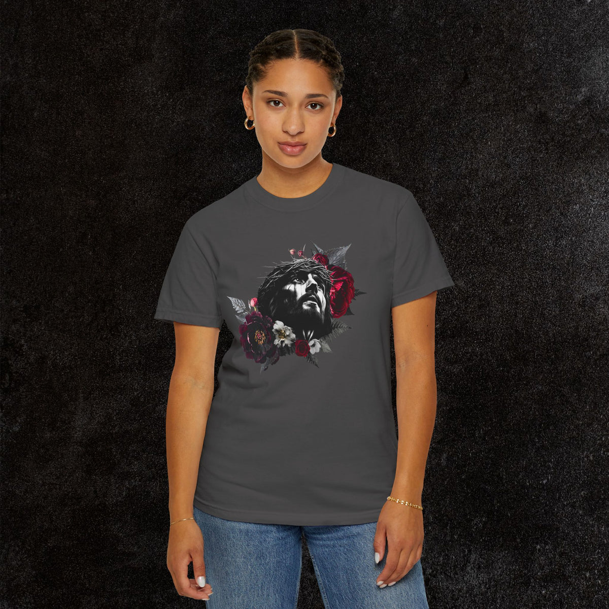 Crowned in Thorns Jesus Comfort Colors Graphic Tee | Dark Floral