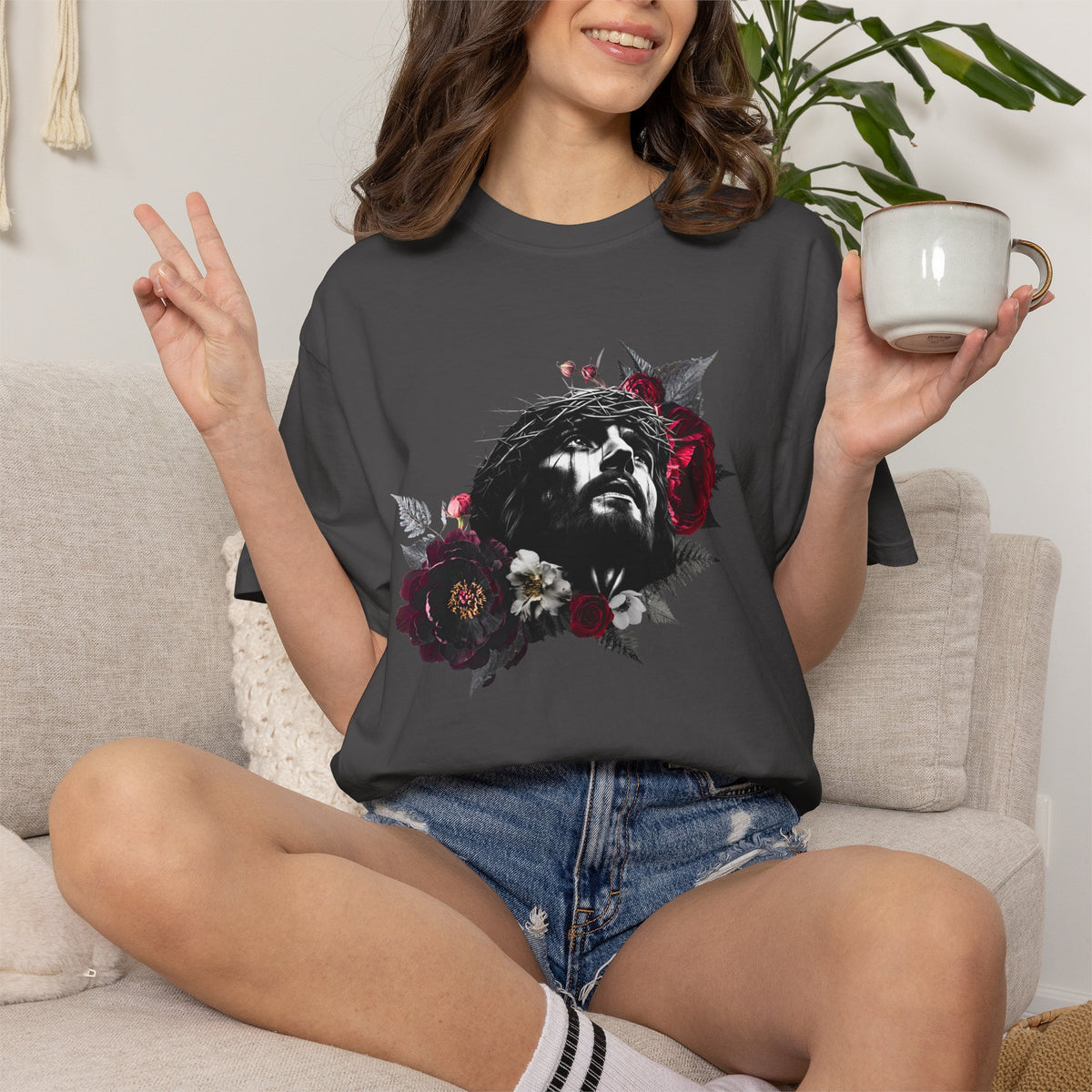 Crowned in Thorns Jesus Comfort Colors Graphic Tee | Dark Floral