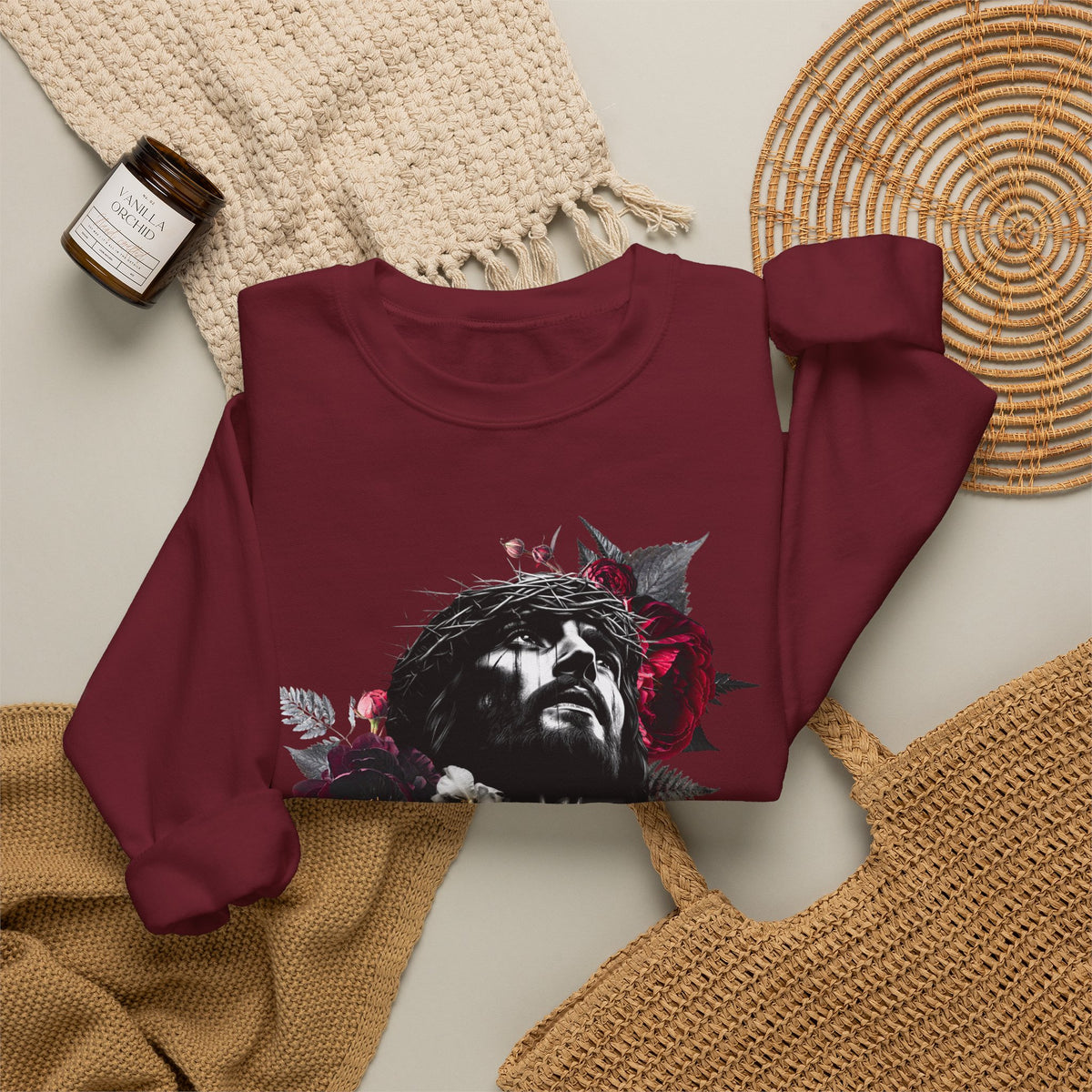 Crowned in Thorns Jesus Crewneck Sweatshirt | Dark Floral Christian Sweatshirt