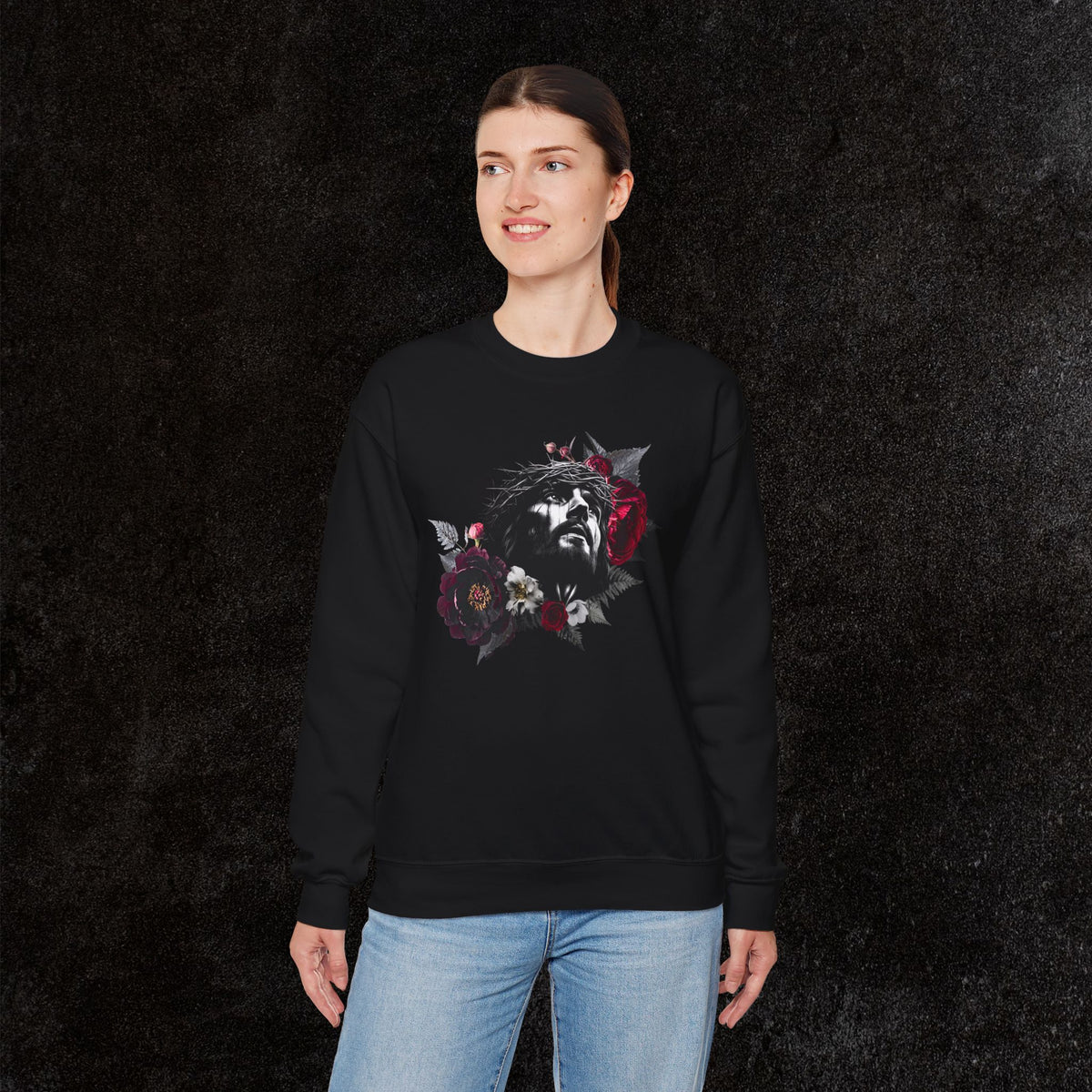 Crowned in Thorns Jesus Crewneck Sweatshirt | Dark Floral Christian Sweatshirt