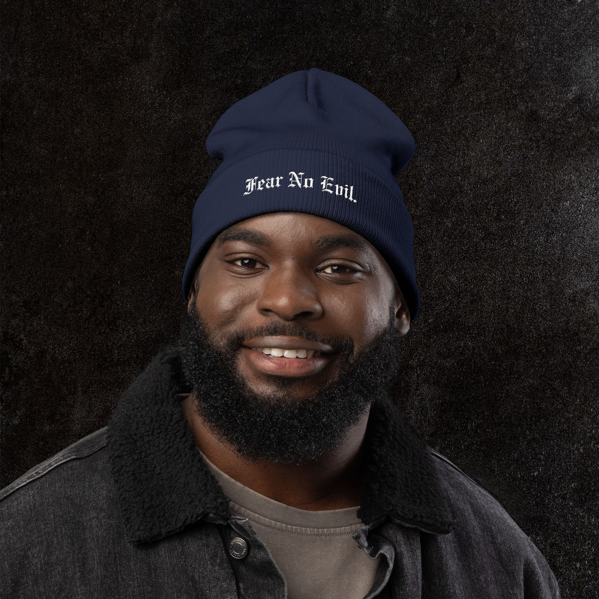 Knit Beanie — "Fear No Evil" Embroidered Cuff Beanie