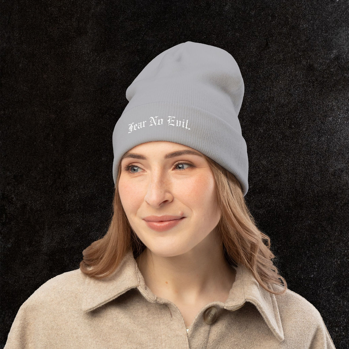 Knit Beanie — "Fear No Evil" Embroidered Cuff Beanie