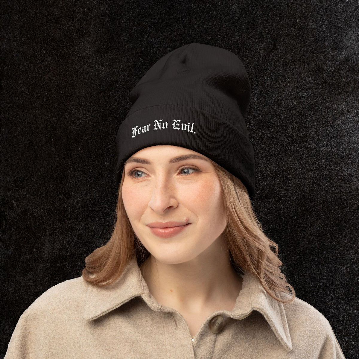 Knit Beanie — "Fear No Evil" Embroidered Cuff Beanie