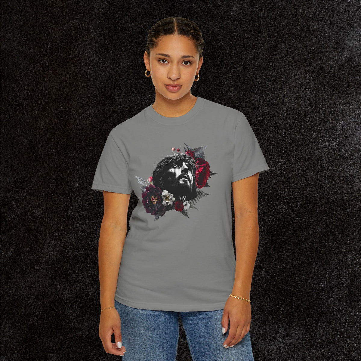 Crowned in Thorns Jesus Comfort Colors Graphic Tee | Dark Floral