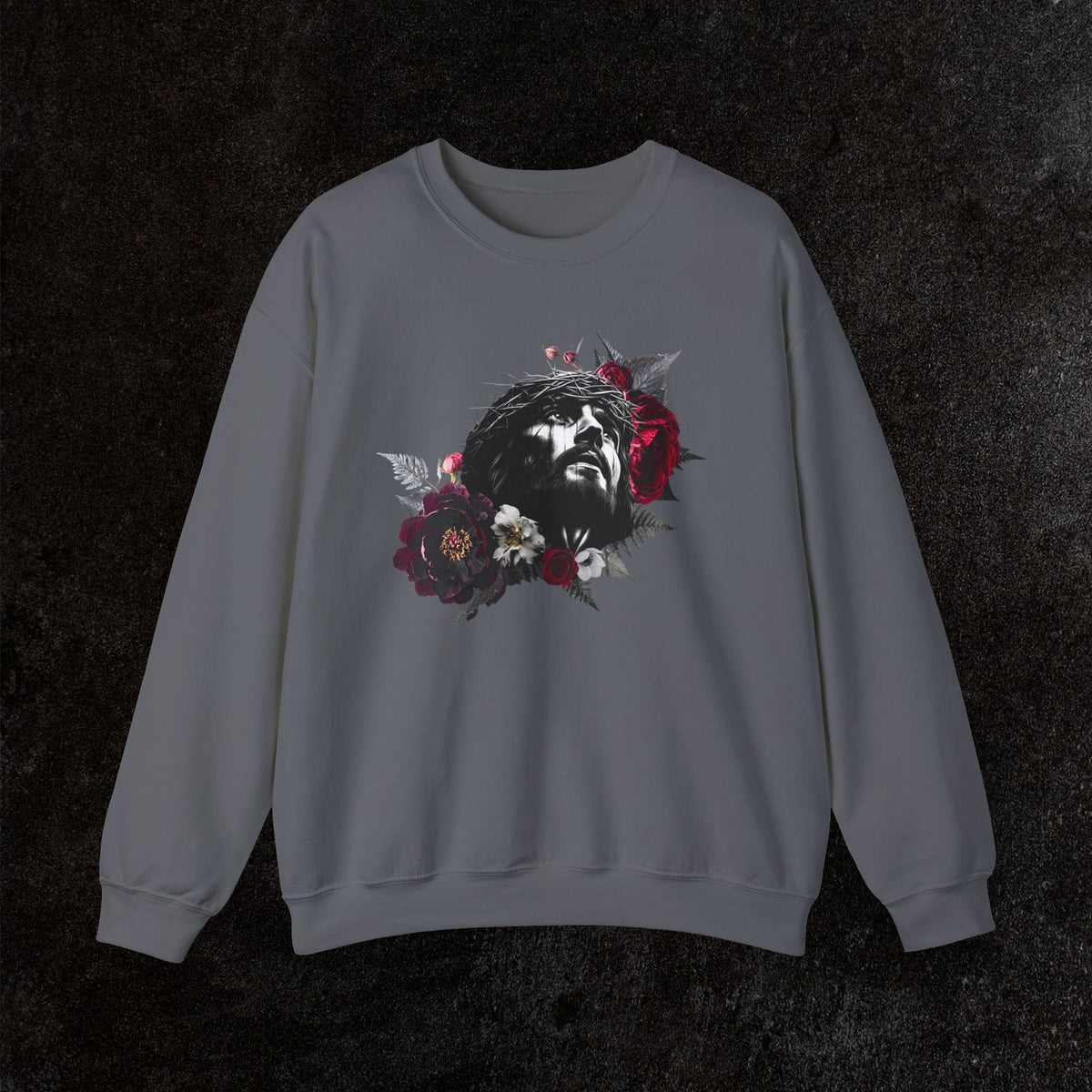 Crowned in Thorns Jesus Crewneck Sweatshirt | Dark Floral Christian Sweatshirt