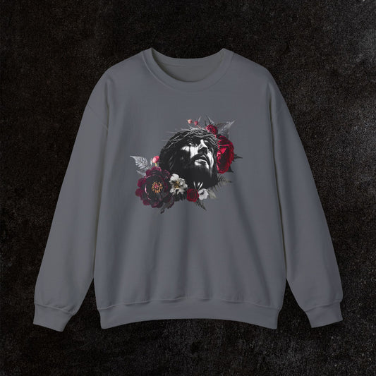 Crowned in Thorns Jesus Crewneck Sweatshirt | Dark Floral Christian Sweatshirt