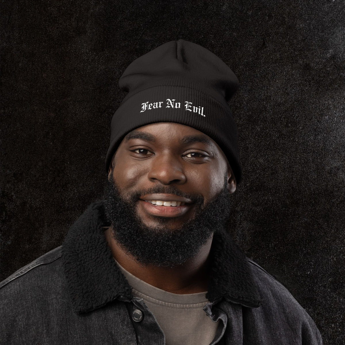 Knit Beanie — "Fear No Evil" Embroidered Cuff Beanie