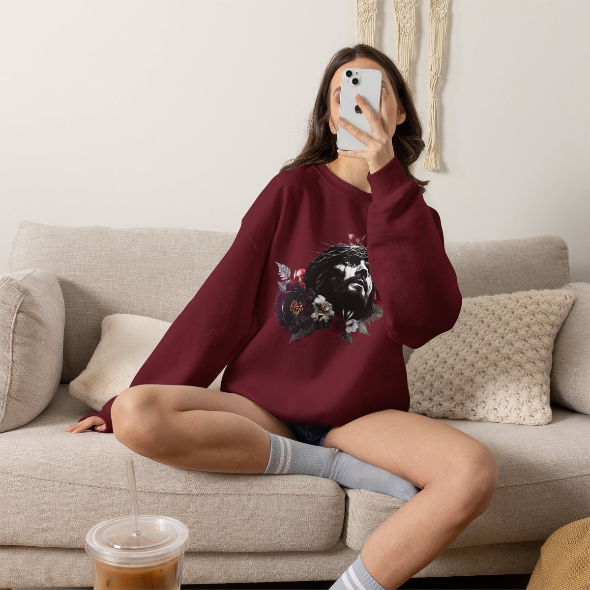Crowned in Thorns Jesus Crewneck Sweatshirt | Dark Floral Christian Sweatshirt