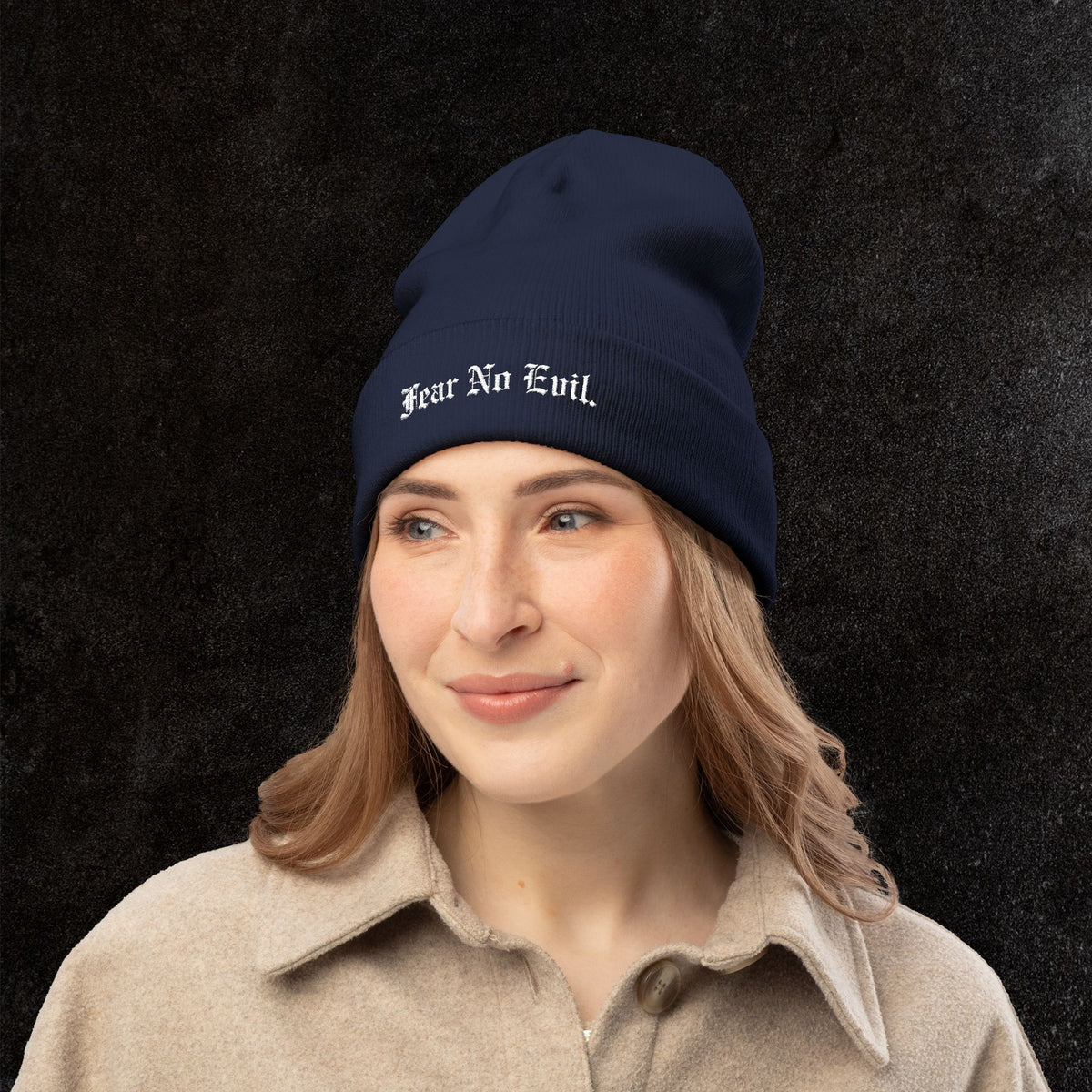 Knit Beanie — "Fear No Evil" Embroidered Cuff Beanie