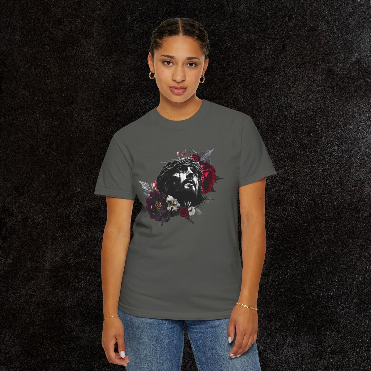 Crowned in Thorns Jesus Comfort Colors Graphic Tee | Dark Floral