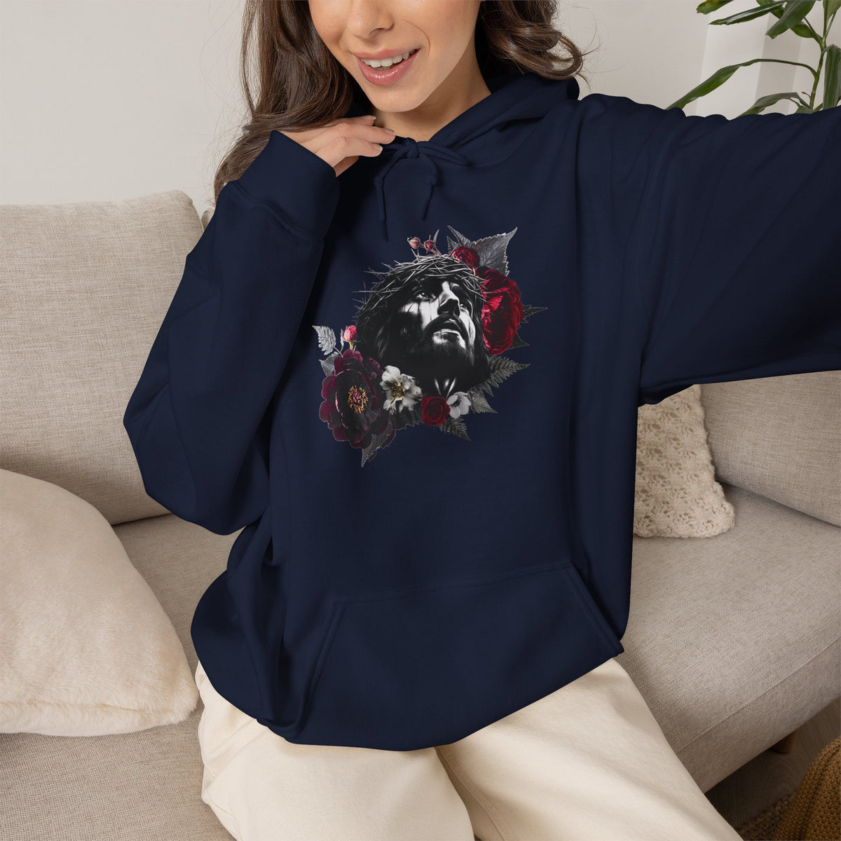 Crowned in Thorns Jesus Hoodie | Dark Floral Christian Sweatshirt