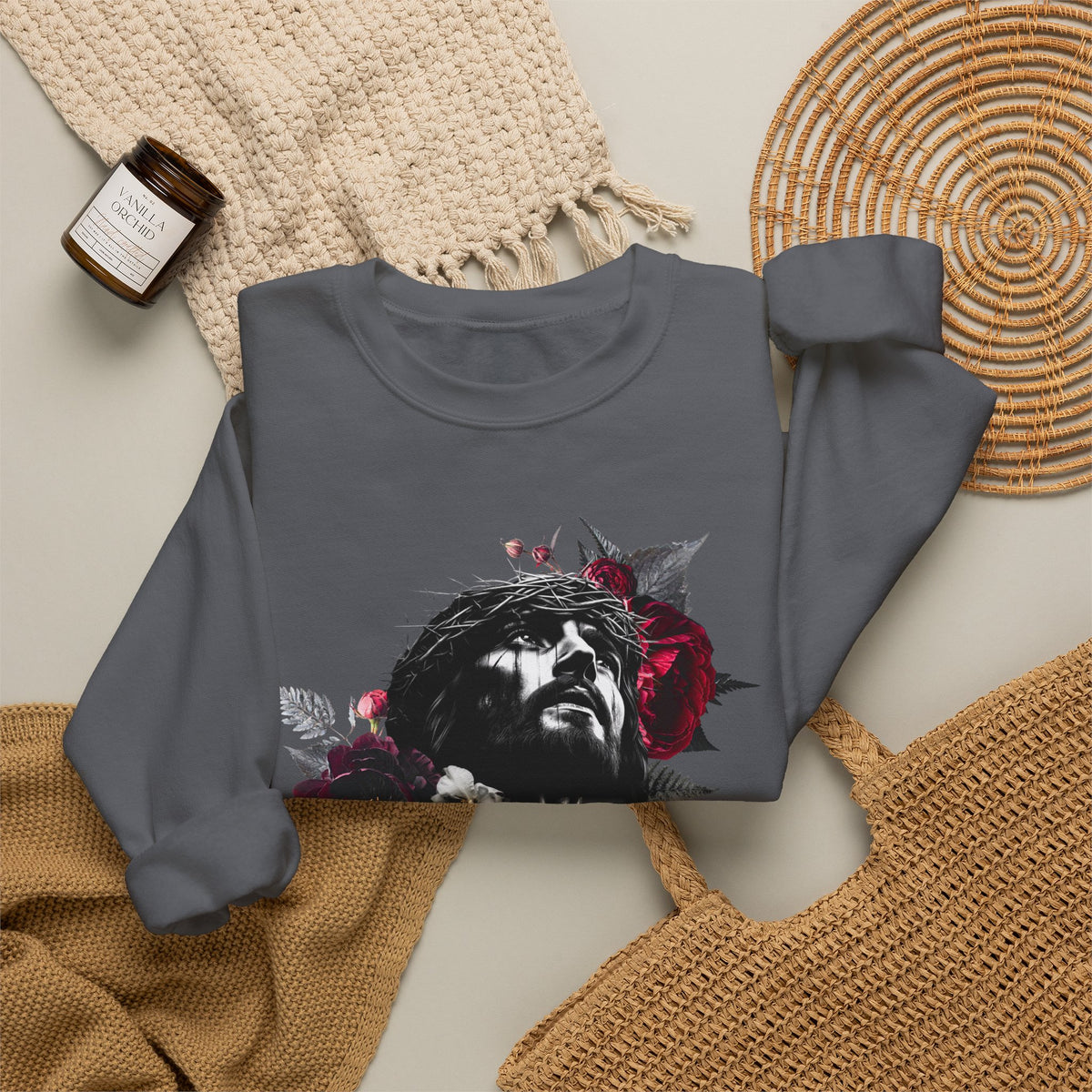 Crowned in Thorns Jesus Crewneck Sweatshirt | Dark Floral Christian Sweatshirt