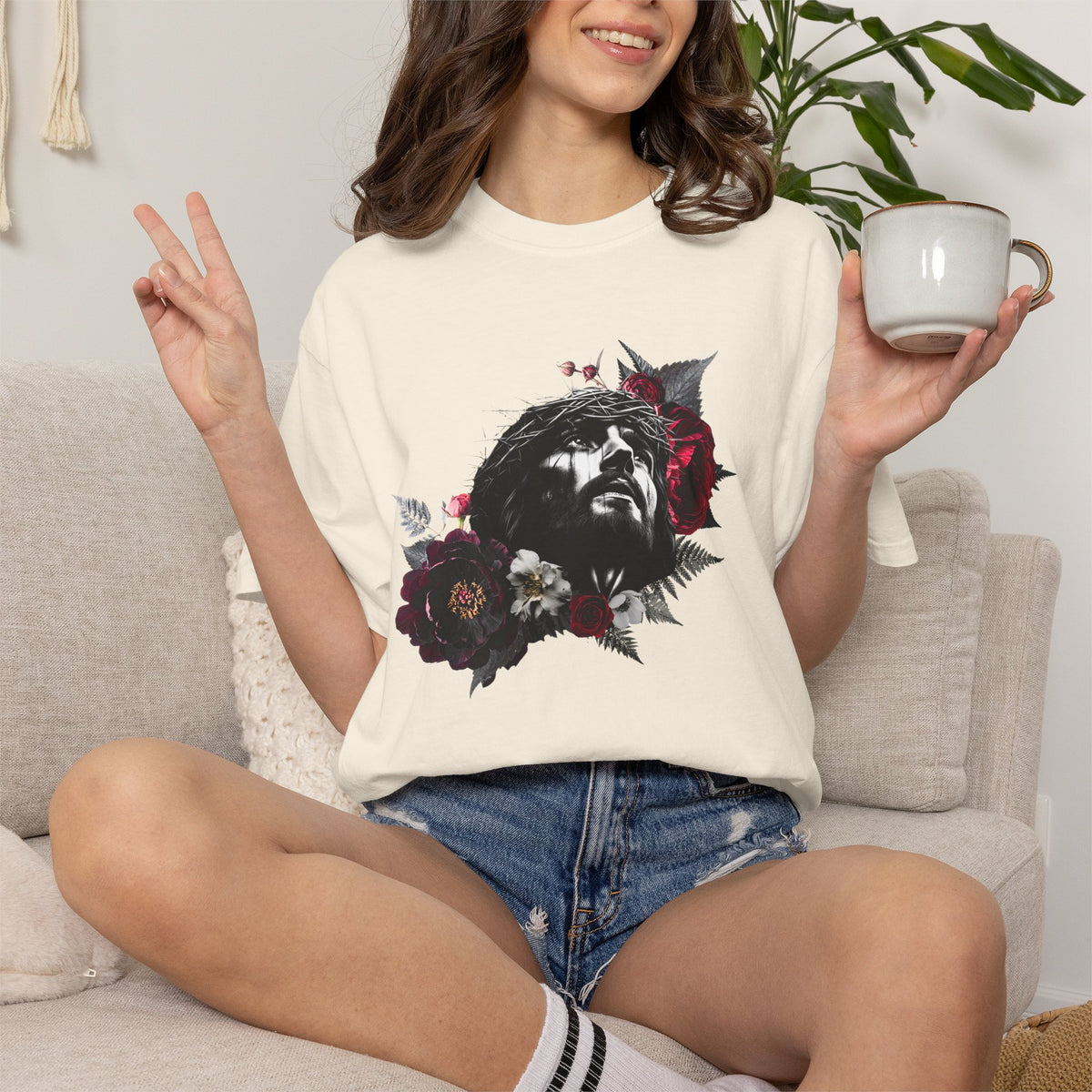 Crowned in Thorns Jesus Comfort Colors Graphic Tee | Dark Floral