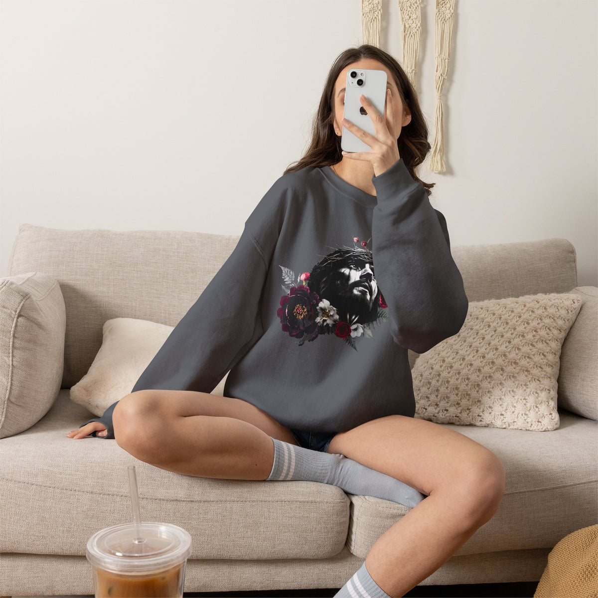 Crowned in Thorns Jesus Crewneck Sweatshirt | Dark Floral Christian Sweatshirt