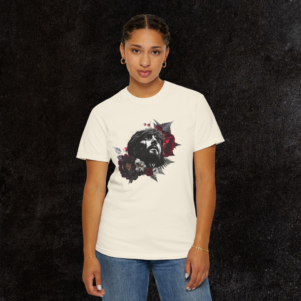 Crowned in Thorns Jesus Comfort Colors Graphic Tee | Dark Floral
