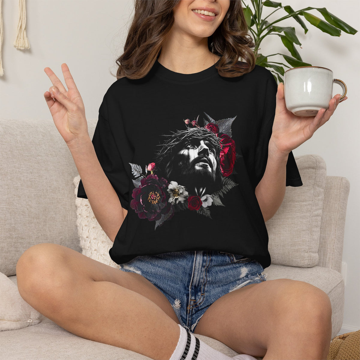 Crowned in Thorns Jesus Comfort Colors Graphic Tee | Dark Floral