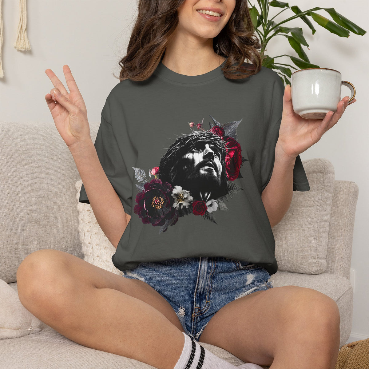Crowned in Thorns Jesus Comfort Colors Graphic Tee | Dark Floral