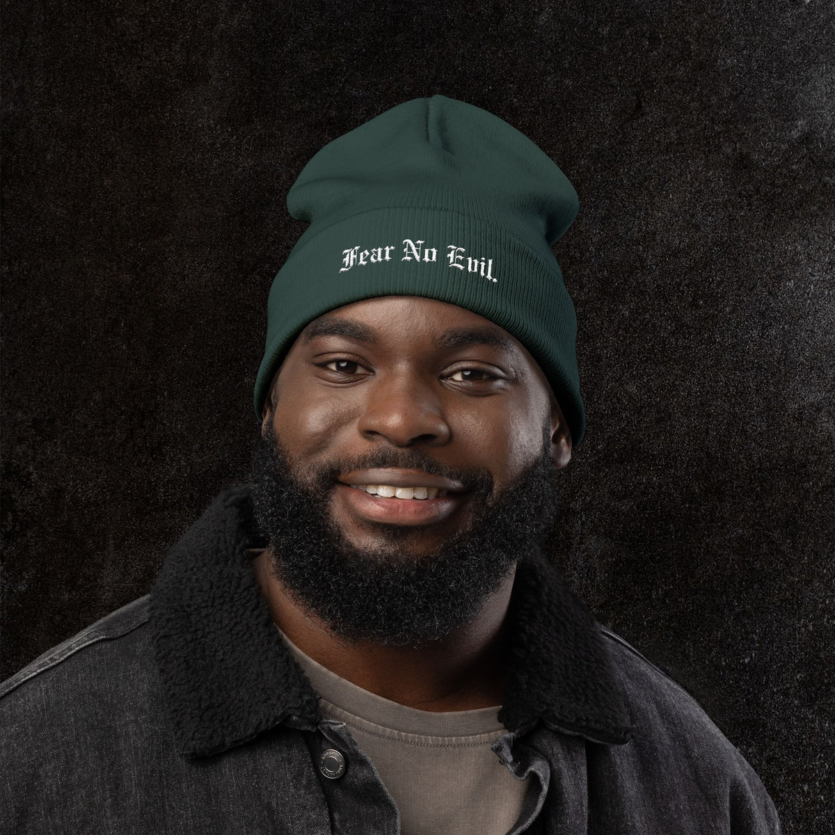 Knit Beanie — "Fear No Evil" Embroidered Cuff Beanie